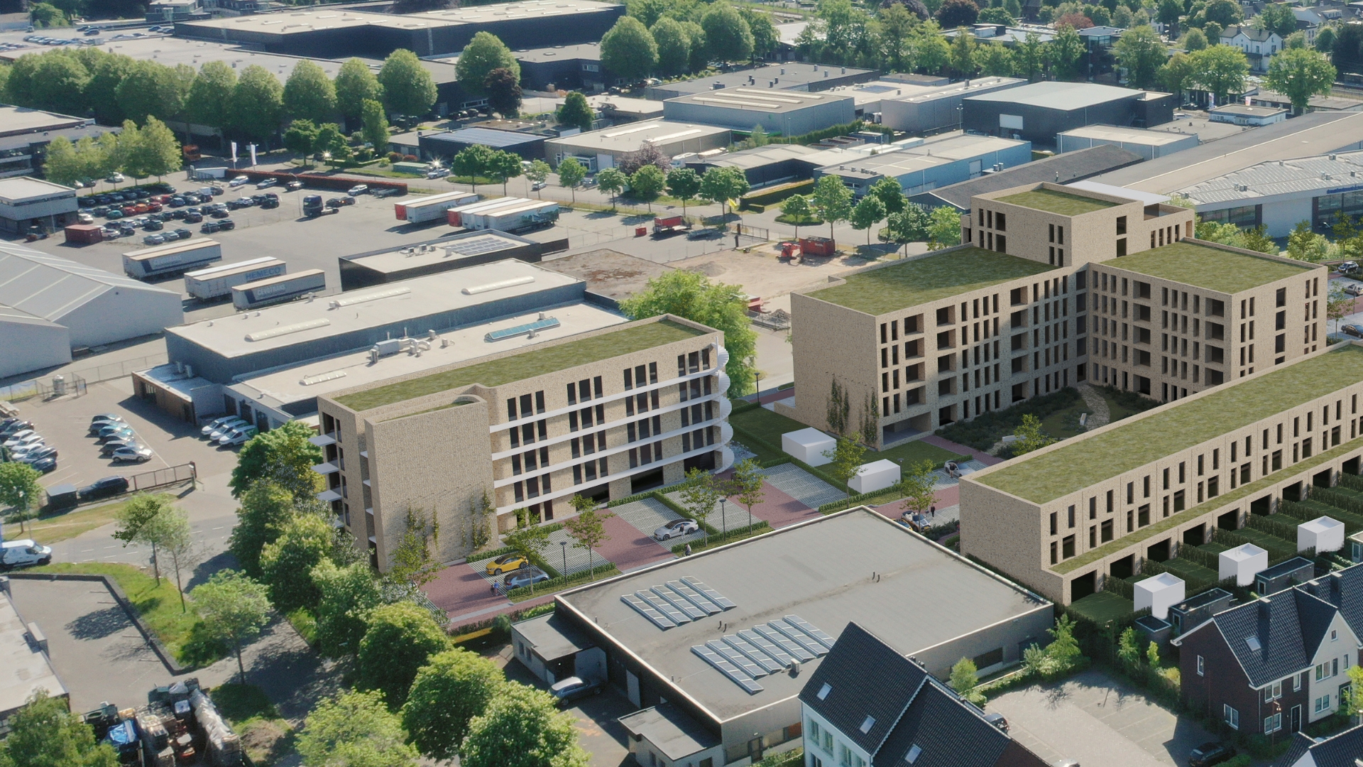 De nieuwbouw in vogelvlucht gezien vanuit het noordwesten