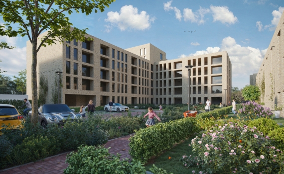 Aanzicht vanaf de binnenplaats op de appartementen met rechts de eengezinswoningen