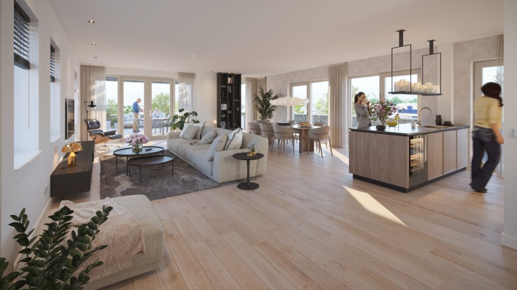 Een voorstelling van de woonruimte in het royale penthouse met daarachter het grote dakterras