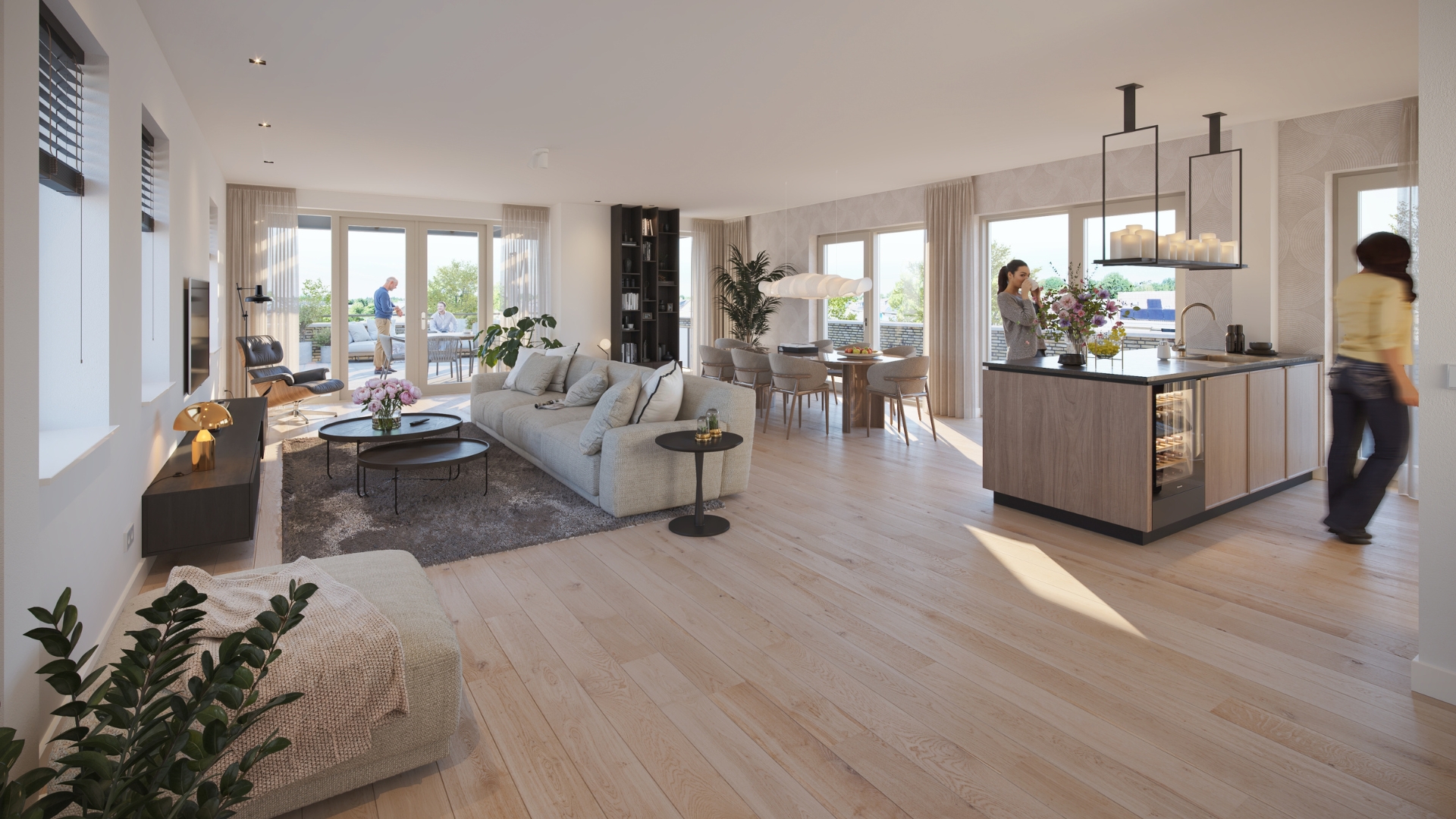Een voorstelling van de woonruimte in het royale penthouse met daarachter het grote dakterras