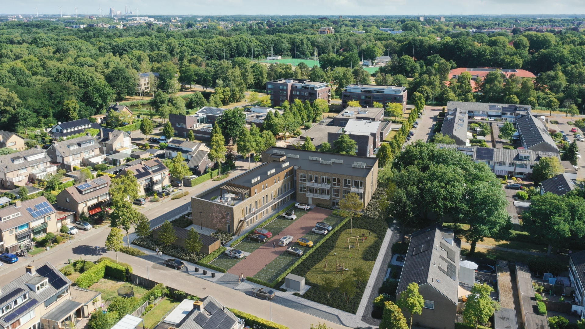 Sweelinckhout vanuit de lucht met vooraan de Schubertlaan