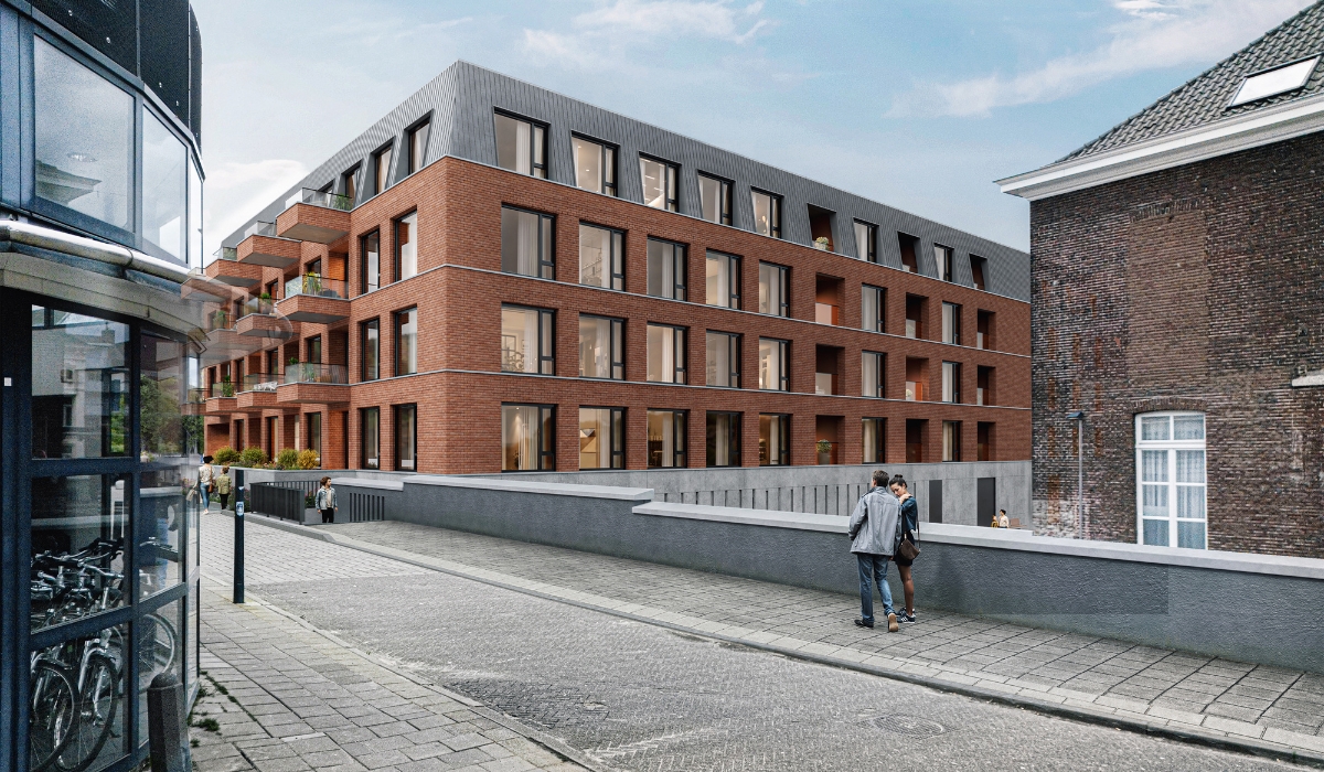 De achterzijde van het appartementengebouw