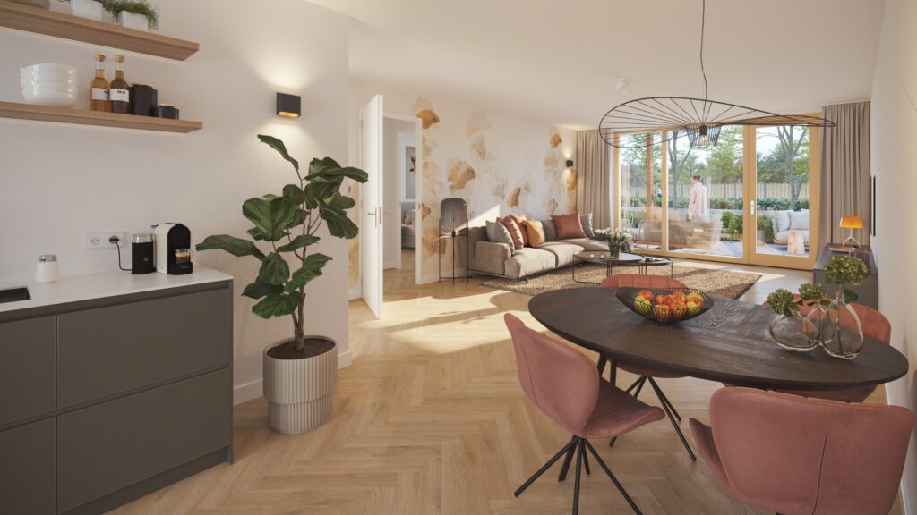 Een interieurimpressie van een driekamerappartement op de begane grond