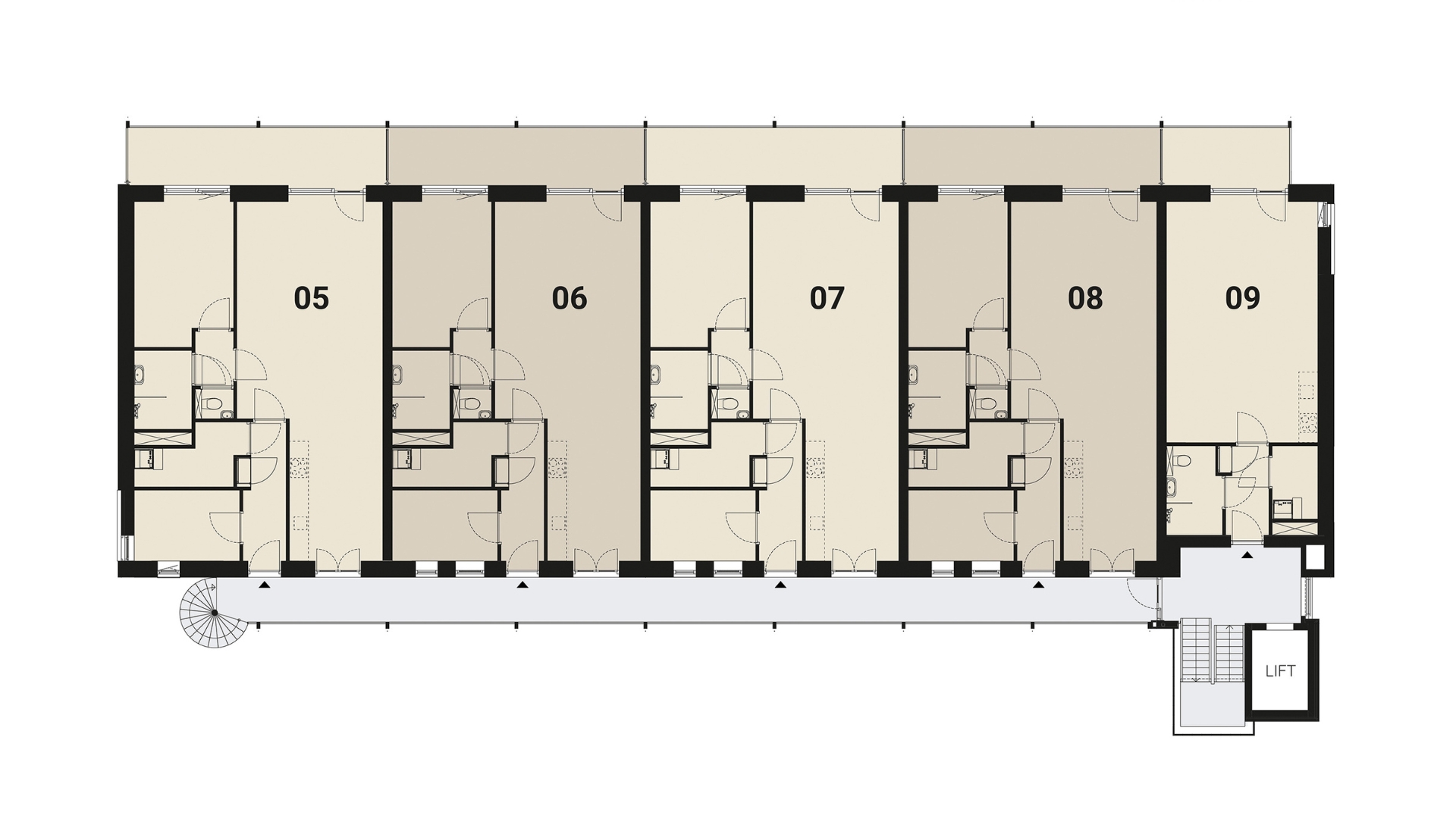 De eerste verdieping met appartement 5 t/m 9
