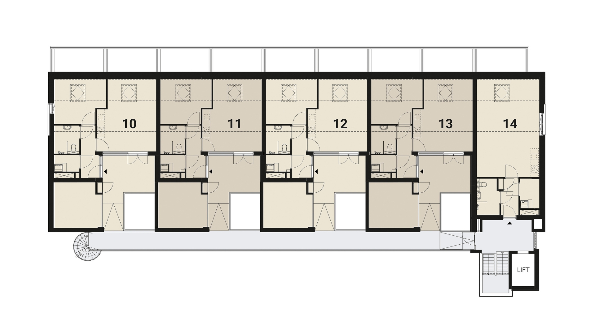 De tweede verdieping met appartement 10 t/m 14