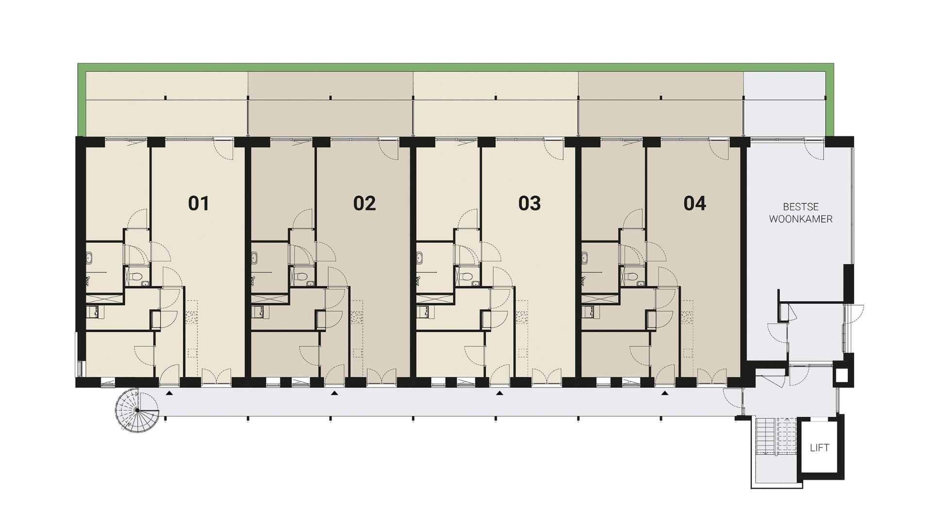 De begane grond met appartement 1 t/m 4 en de gezamenlijke woonruimte