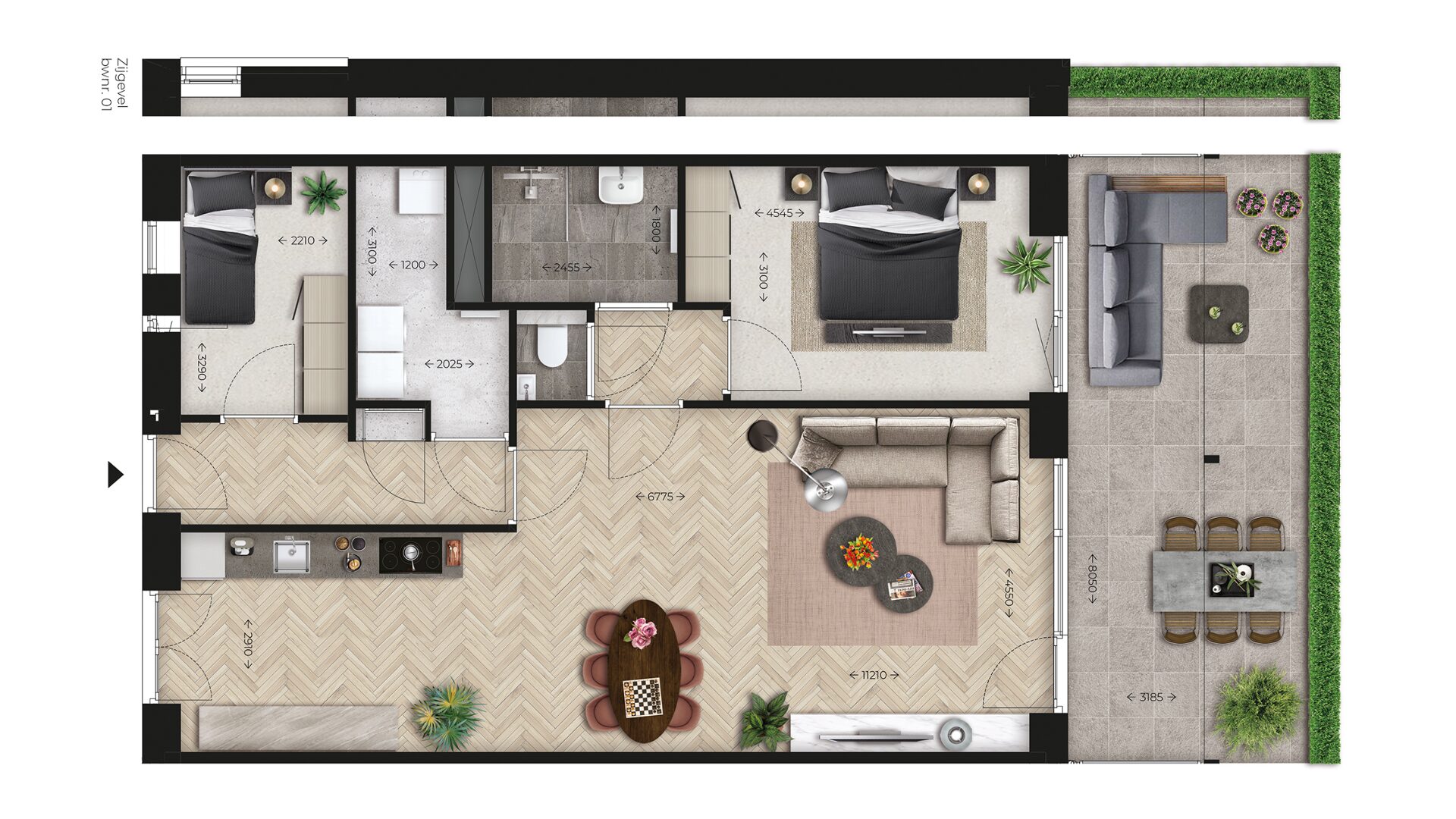 Sfeerplattegrond driekamerappartementen begane grond (type A, #1 t/m 4)