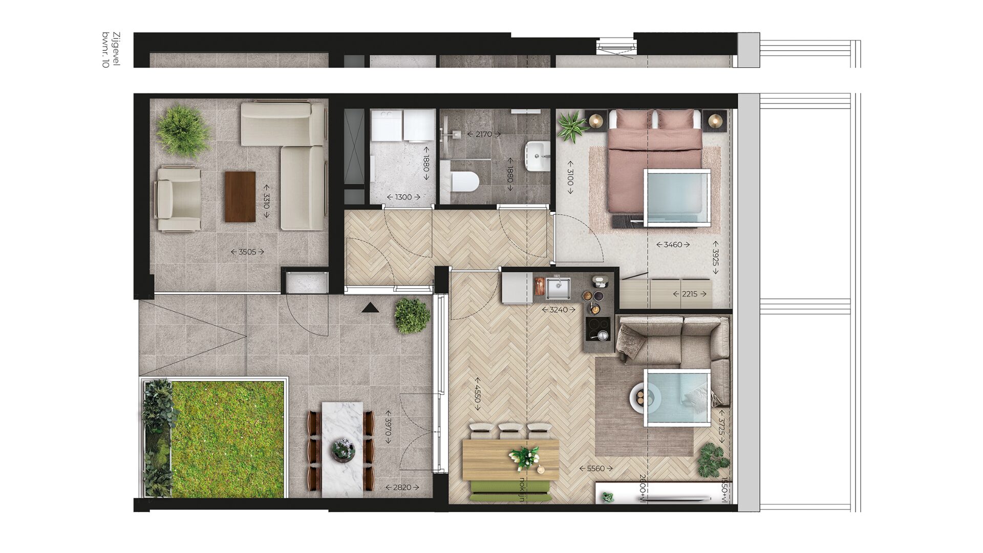 Sfeerplattegrond tweekamerappartementen voor starters, tweede verdieping (type C, #10 t/m 13)
