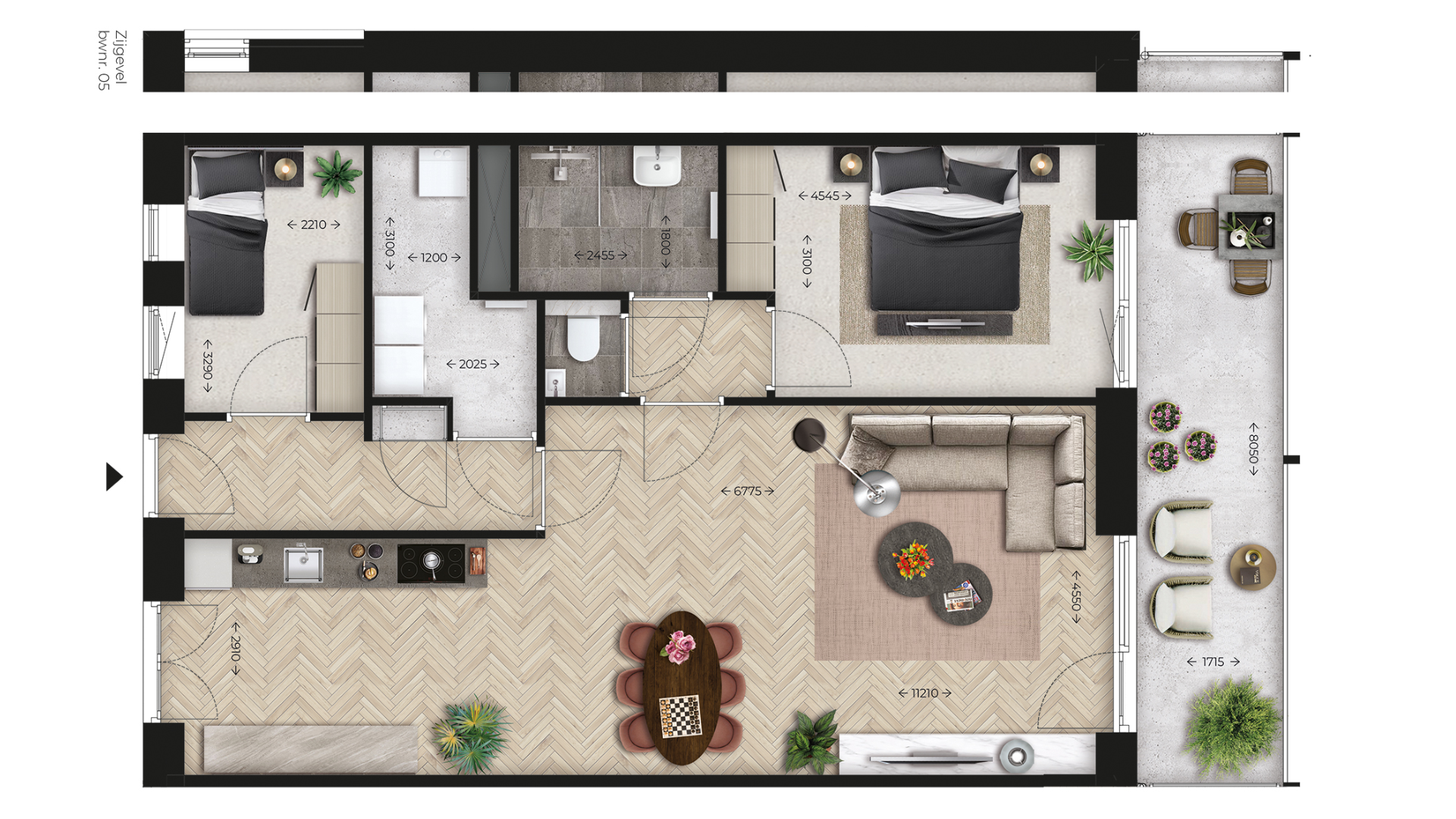 Sfeerplattegrond driekamerappartementen, eerste verdieping (type A, #5 t/m 8)