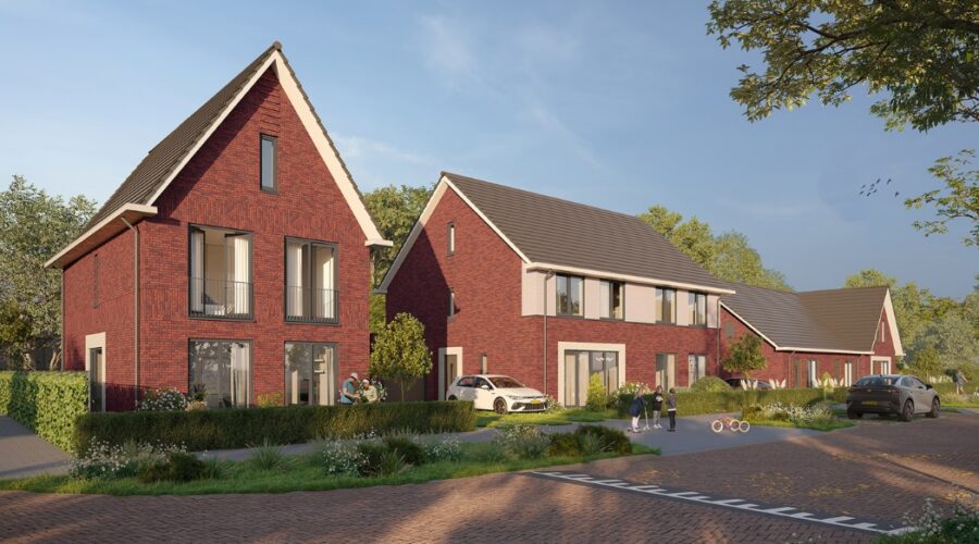 De woningen variëren onderling, bijvoorbeeld in steenkleur, zoals dit vrijstaande huis en de tweekappers