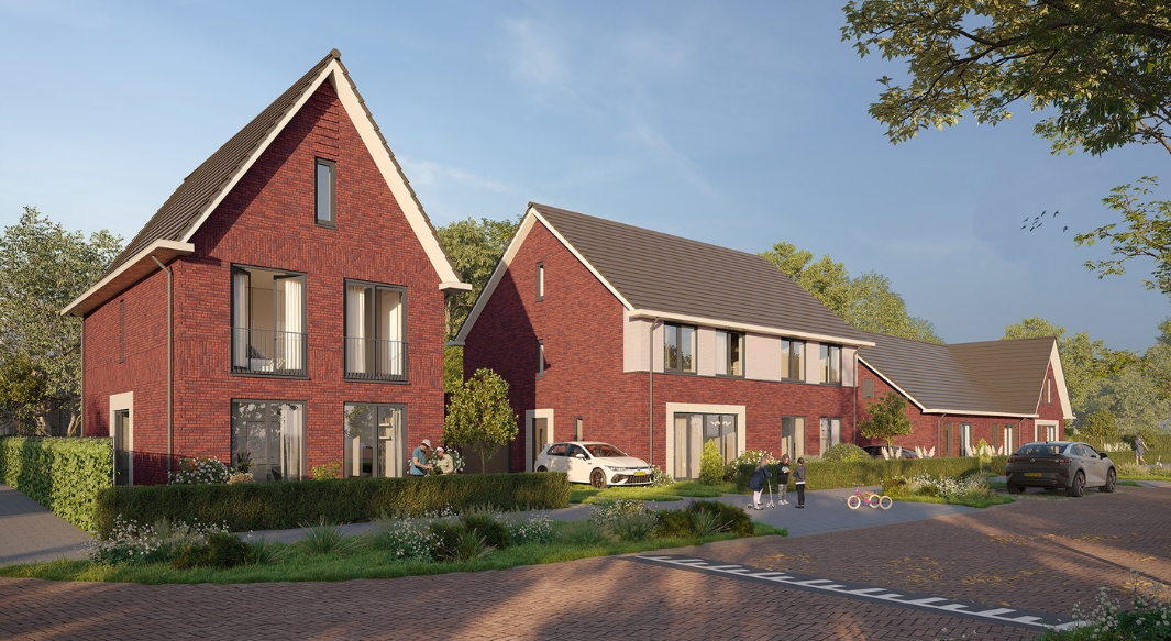De woningen variëren onderling, bijvoorbeeld in steenkleur, zoals dit vrijstaande huis en de tweekappers