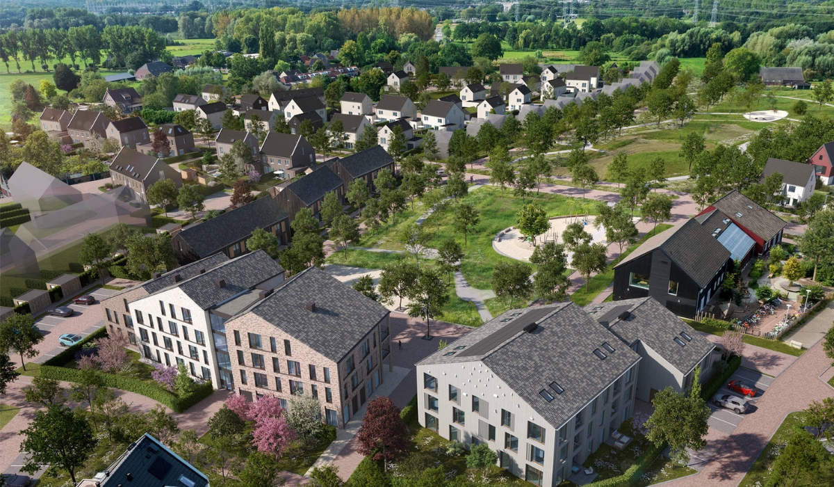 De rijwoningen staan tegenover basisschool Het Mooiste Blauw