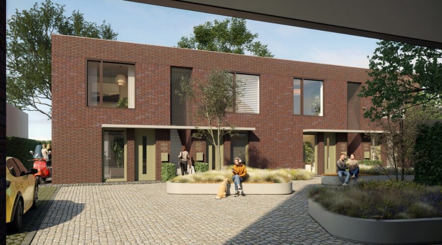 Zicht vanaf de omsloten buitenruimte op de twee woonlagen met appartementen voor young professionals
