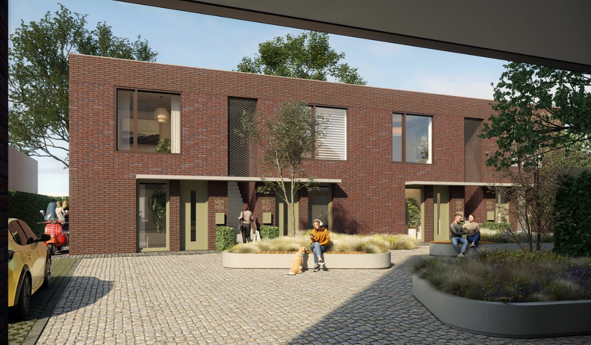 Zicht vanaf de omsloten buitenruimte op de twee woonlagen met appartementen voor young professionals