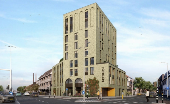 The Green, een nieuw, groen appartementengebouw op de hoek van de Marconilaan en Edisonstraat in Eindhoven als entree tot Woensel-West
