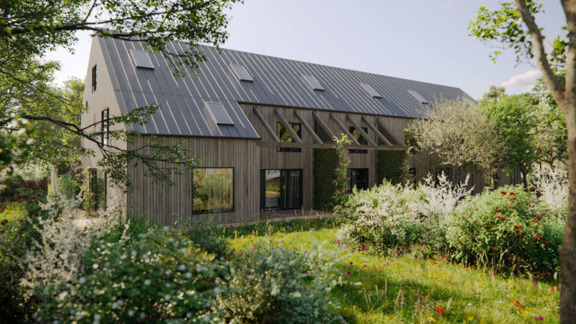 De architectuur verwijst naar klassieke schuren