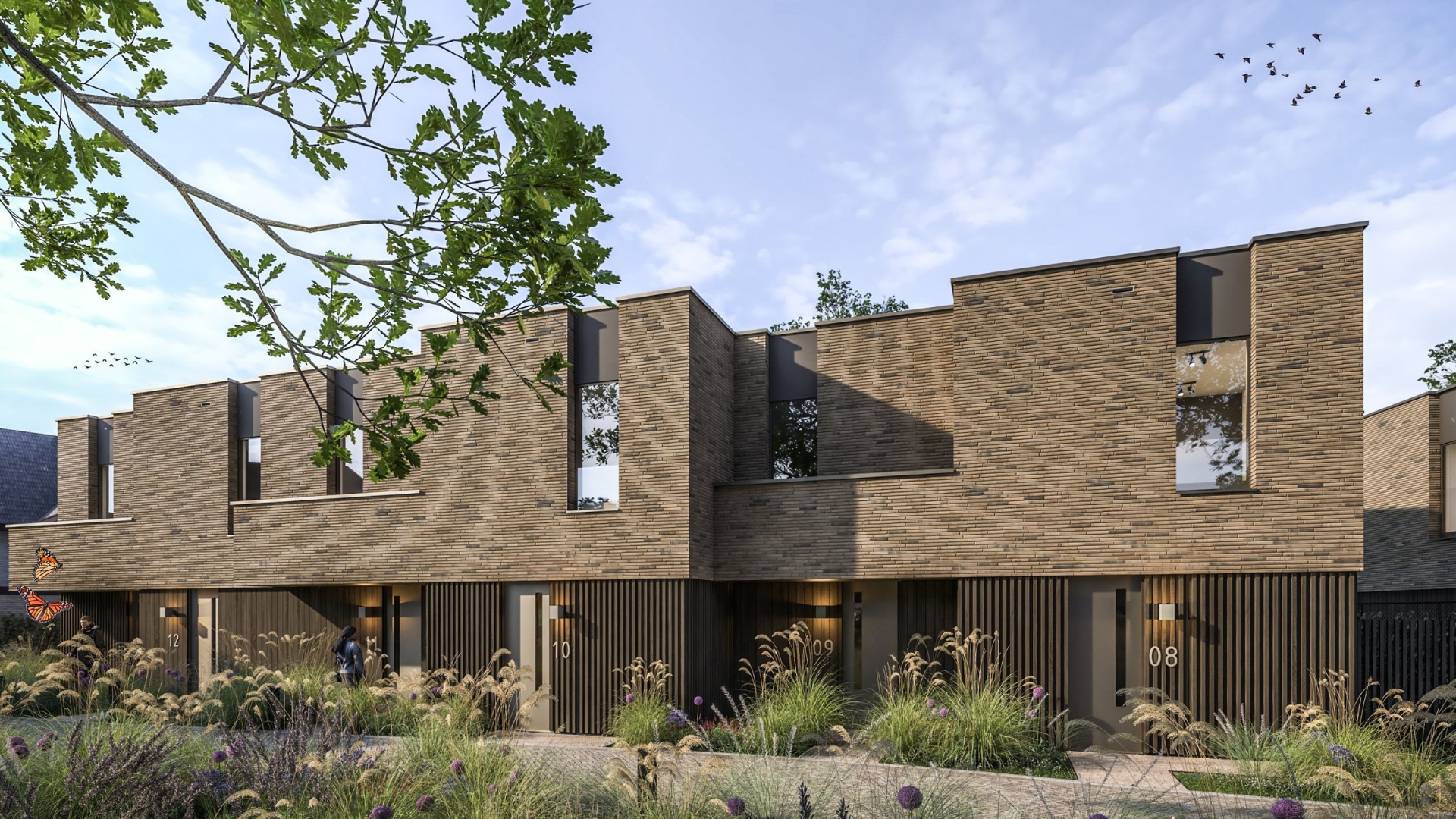 De nieuwbouw biedt zes rijwoningen in één rij, dus twee hoekwoningen en vier tussenwoningen